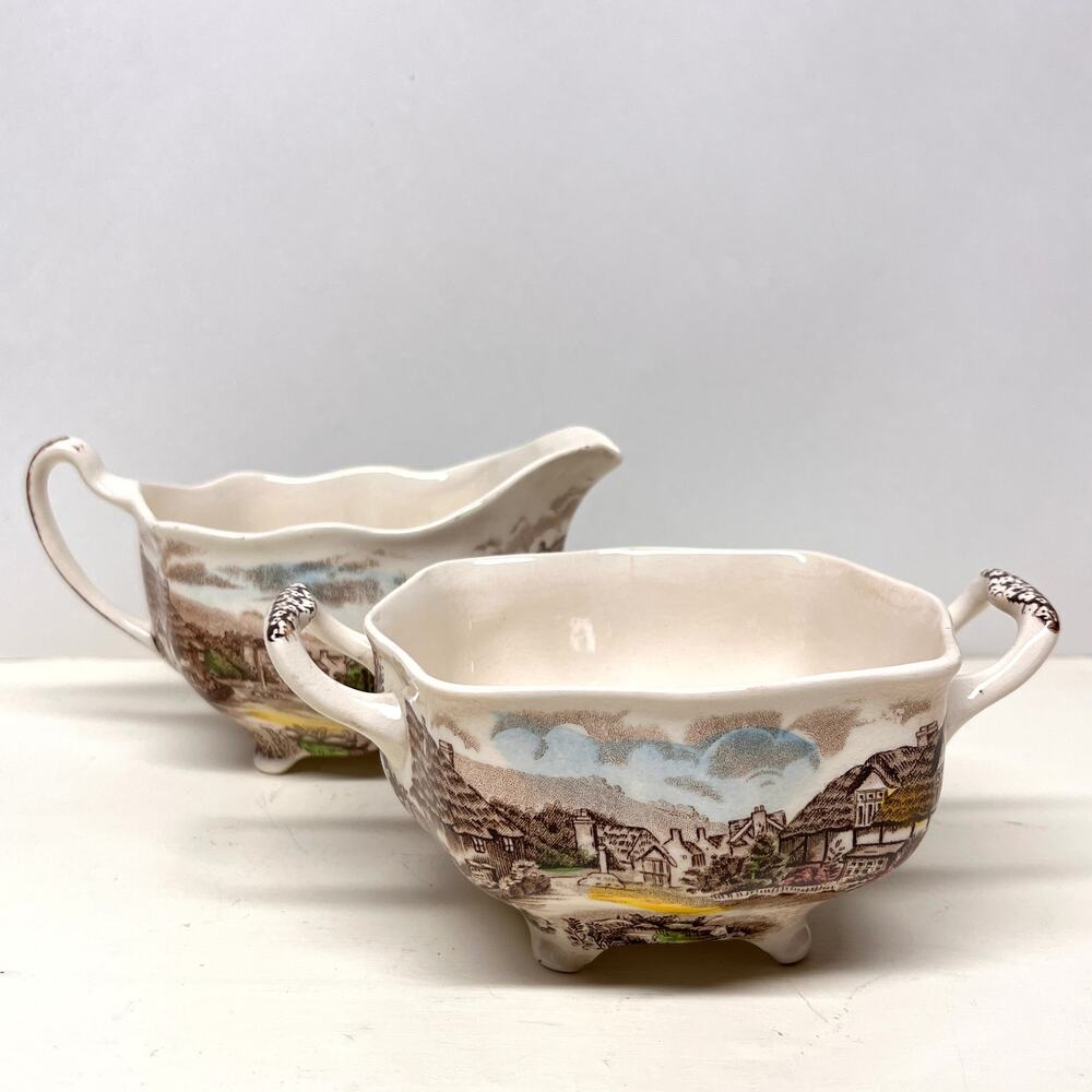 Vintage Johnson Bros Multicolor Olde English Countryside Creamer and Sugar Set